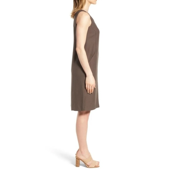 Eileen Fisher Sleeveless Drapey Linen Blend Shift Dress Cobblestone Brown - Picture 2 of 9